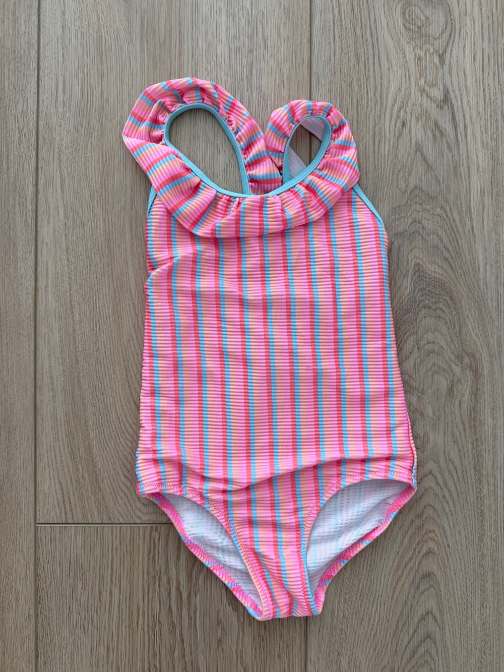 Girls' Pink Multi-Stripe Ruffle Neck One-Piece Swimsuit